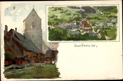 Künstler Litho Mutter, K., Schönau Bad Münstereifel in Nordrhein Westfalen, Kirche, Ortsansicht