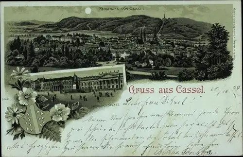Mondschein Litho Kassel in Hessen, Panorama, Friedrichsplatz, Wappen