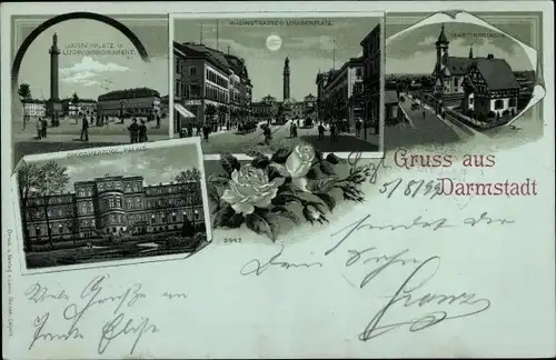 Mondschein Litho Darmstadt in Hessen, Louisenplatz, Ludwigsmonument, Kirche