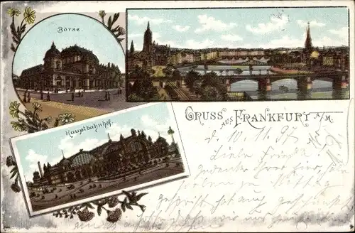 Litho Frankfurt am Main, Börse, Hauptbahnhof, Totalansicht, Brücke