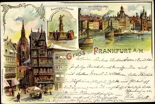 Litho Frankfurt am Main, Eingang zum Markt, Gerechtigkeitsbrunnen, Eiserner Steg