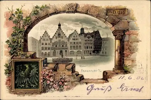 Präge Wappen Litho Frankfurt am Main, Römer, Stadtansicht