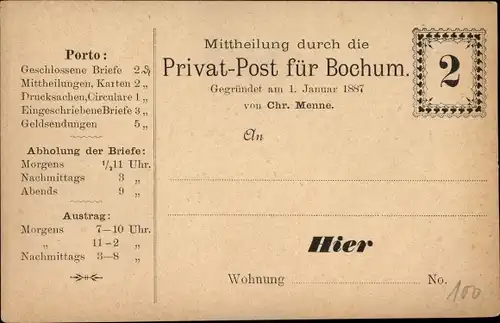 Ak Bochum im Ruhrgebiet, Mittheilung durch die Privat Post, gegründet von Chr. Menne 1887