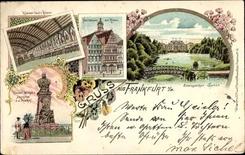 Litho Frankfurt am Main, Kaisersaal im Römer, Zoologischer Garten, Kaiser Wilhelm Denkmal