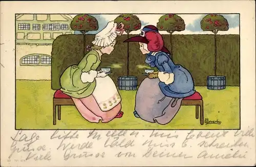 Künstler Ak Sowerby, M., Mädchen beim Teetrinken