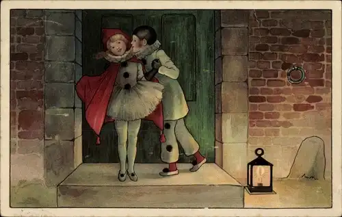 Ak Kinder in Karneval-Kostümen, Liebespaar, Handlaterne, Kuss