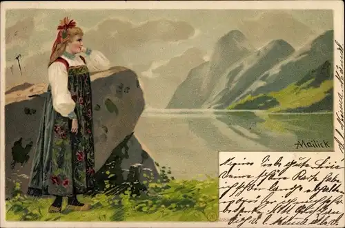 Künstler Ak Mailick, Junge Frau in Tracht, Berge