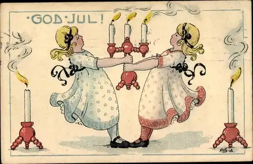 Künstler Ak Glückwunsch Weihnachten, Mädchen, Kerzenständer, God Jul