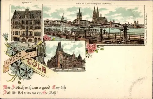 Litho Köln am Rhein, Rathaus, Post, Stadt von der Schiffbrücke gesehen