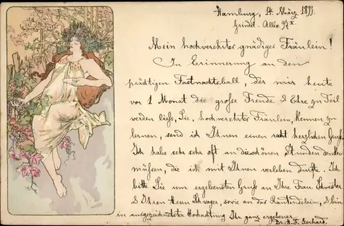 Litho Gemaltes Portrait einer Frau mit Blumenkranz auf dem Kopf