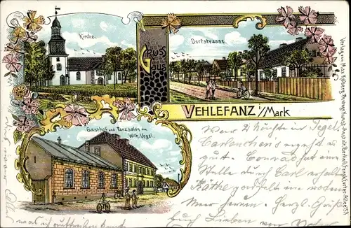 Litho Vehlefanz Oberhavel, Dorfstraße, Kirche, Gasthof und Tanzsalon