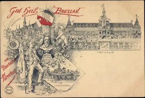 Litho Wrocław Breslau Schlesien, Wappen, Festhalle, Liebichshöhe, Rathaus, Denkmal