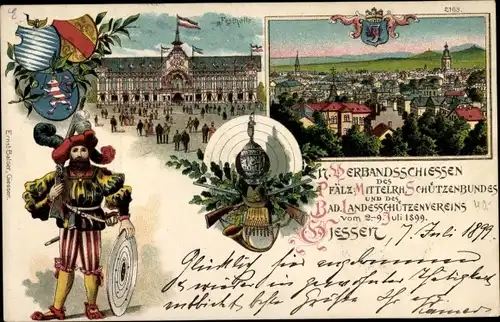 Ganzsachen Wappen Litho Gießen an der Lahn Hessen, 17. Verbandschießen 1899, Festhalle