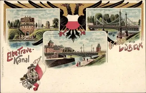 Wappen Litho Hansestadt Lübeck, Navigationsschule, Kaisertor, Mühlentorbrücke, Elbe Trave Kanal
