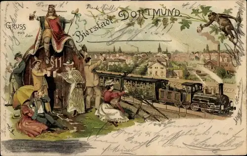 Künstler Litho Dortmund im Ruhrgebiet, Bierstadt, Eisenbahn, Panorama, Passanten