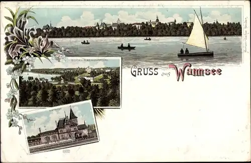 Litho Berlin Zehlendorf Wannsee, Blick vom Alsen Denkmal, Bahnhof, Segelboot