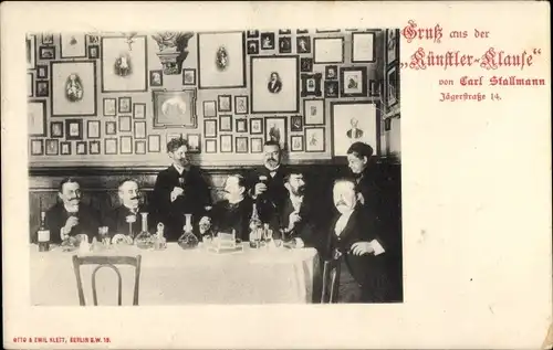 Ak Berlin Mitte, "Künstler Klause", Jägerstraße 14, Männer an einem Tisch, Innenraum