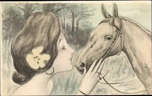 Künstler Ak Patells, B., Profilansicht einer Frau, Blume, Pferd