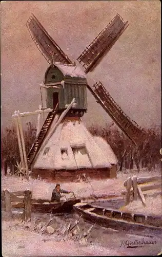 Künstler Ak Gerstenhauer, J. G., Windmühle, Mann am Zaun