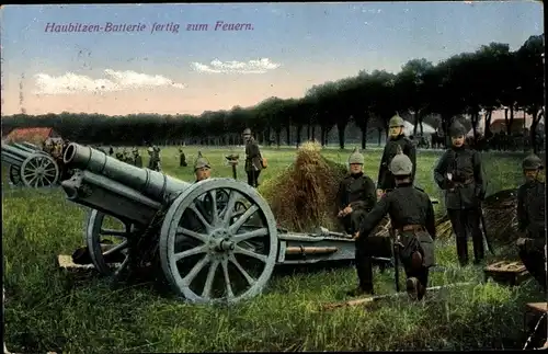 Ak Haubitzen-Batterie fertig zum Feuer, Geschütz, Deutsche Soldaten, I. WK