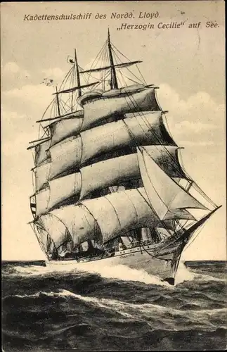Ak Herzogin Cecilie, Kadettenschulschiff des Norddeutschen Lloyd Bremen