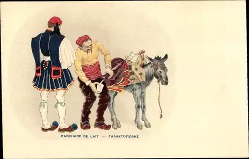 Ak Marchand de Lait, Griechische Tracht, Esel