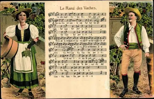 Präge Lied Ak Le Ranz des Vaches, Mann und Frau in schweizer Trachten