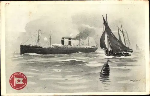Künstler Ak Dampfer, Dampfschiff, Red Star Line, Segelboot