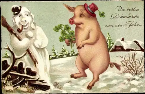 Ak Glückwunsch Neujahr, Schwein, Schneemann, Glücksklee