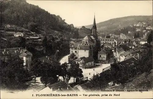 Ak Plombières les Bains Lothringen Vosges, Gesamtansicht, Kirche