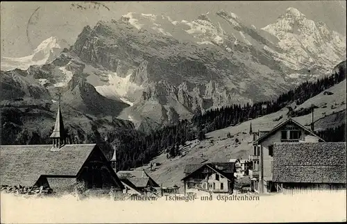 Ak Mürren Kanton Bern Schweiz, Ortsansicht mit Tschingel- und Gspaltenhorn