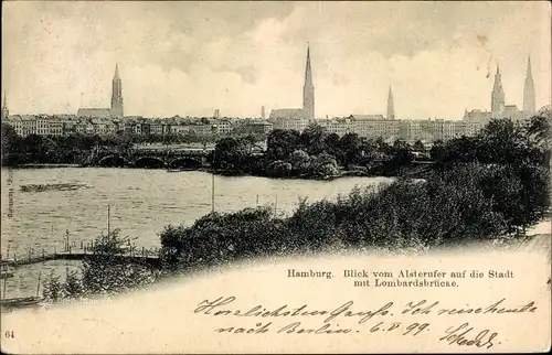 Ak Hamburg Mitte Altstadt, Blick vom Alsterufer auf die Stadt mit Lombardsbrücke