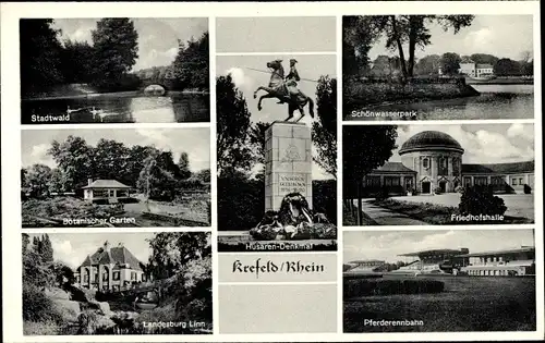 Ak Krefeld am Niederrhein, Stadtwald, Pferderennbahn, Husaren Denkmal, Friedhofshalle