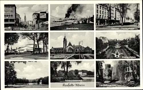 Ak Krefeld am Niederrhein, Hauptbahnhof, Rheinstraße, Rheinbrücke, Ostwall, Bismarckplatz