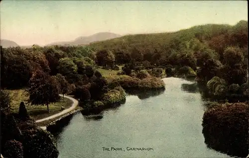 Ak Carnarvon Wales, The Park, Vogelperspektive