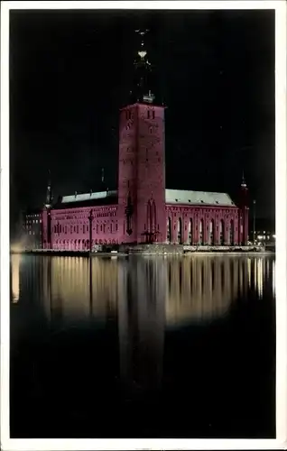 Ak Stockholm Schweden, Stadshuset, Town Hall at night