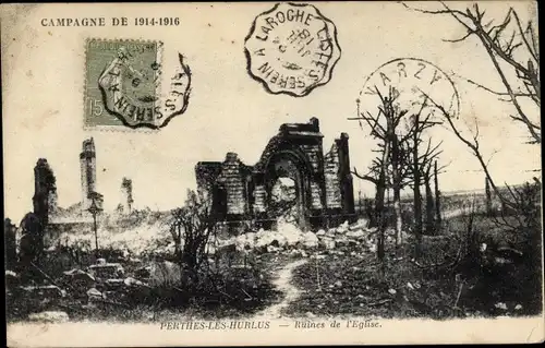 Ak Aubérive Marne, Souain-Perthes-lès-Hurlus, Ruines de l'Eglise