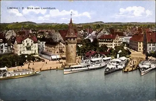 Ak Lindau in Bodensee Schwaben, Blick vom Leuchtturm, Hafen, Dampfer