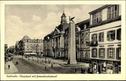 Ak Karlsruhe in Baden, Hauptpost mit Grenadierdenkmal