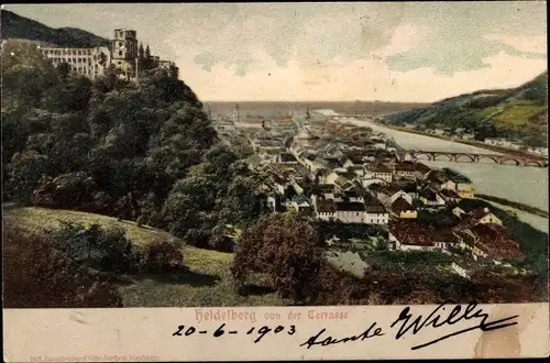Ak Heidelberg am Neckar, Von der Terrasse, Schloss, Panorama, Fluss, Brücke