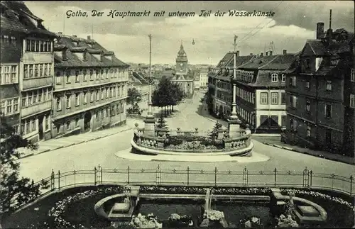 Ak Gotha in Thüringen, Der Hauptmarkt mit unterem Teil der Wasserkünste, Kirche