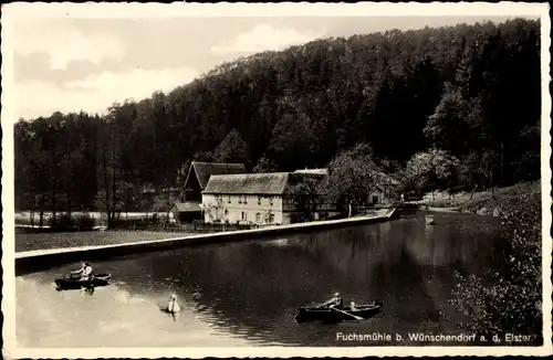 Ak Wünschendorf an der Elster, Fuchstal, Gartenrestaurant Fuchsmühle, Ruderboote, Schwan