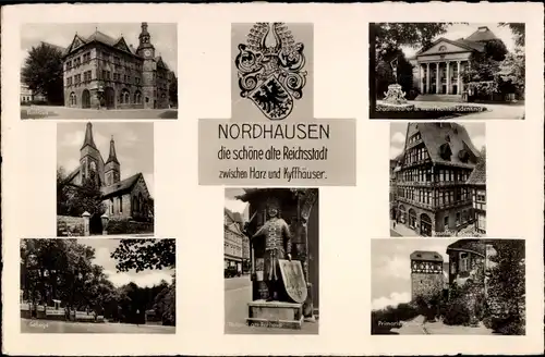 Ak Nordhausen am Harz, Roland am Rathaus, Stadttheater, Gehege, Kirche