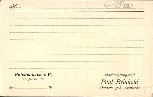 Ak Reichenbach Vogtland, Projekt eines Gebäudes, Architekt Paul Reinhold