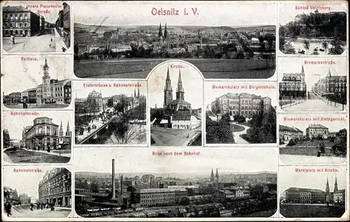 Ak Oelsitz im Vogtland Sachsen, Kirche, Rathaus, Bismarckplatz, Schloss Voigtsberg, Marktplatz