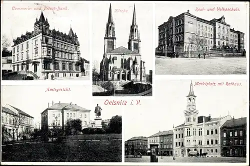 Ak Oelsnitz Vogtland, Postamt, Kirche, Realschule, Amtsgericht, Marktplatz, Rathaus