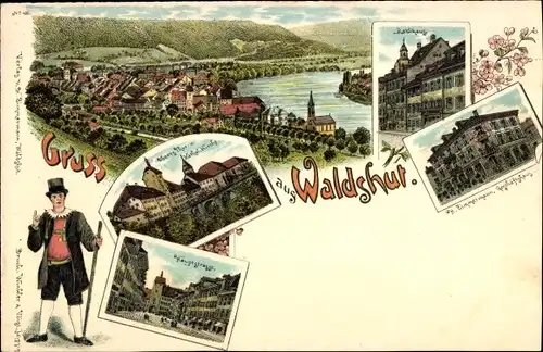 Litho Waldshut Tiengen am Hochrhein, Geschäftshaus Zimmermann, Rathaus, Oberes Tor