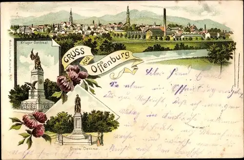 Ak Offenburg in Baden Schwarzwald, Teilansicht, Kriegerdenkmal, Drake-Denkmal
