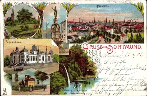 Litho Dortmund im Ruhrgebiet, Vehmlinde, Kriegerdenkmal, Fredenbaum, Panorama