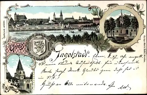 Litho Ingolstadt an der Donau Oberbayern, Kriegerdenkmal, Kreuztor, Uferpartie